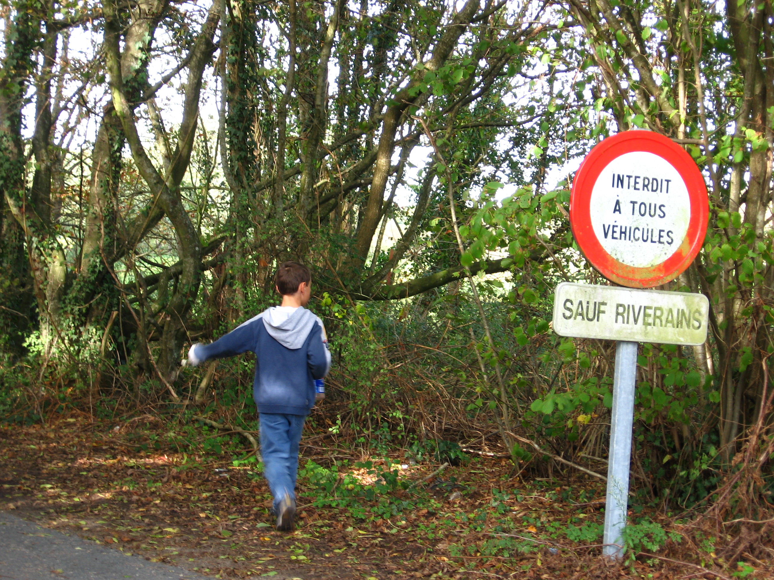 bord de Loire, France, petit garçon passe devant un panneau -accès interdit-