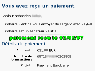 paiement de 31.99&euro; recu le 02/02/07