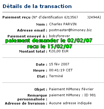 paiement de 20&euro; recu le 15/02/07 sur paypal