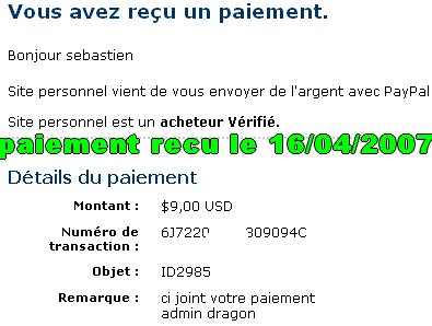 paiement de 9$ de dragon mail recu le 16/04/2007