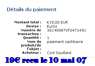 paiement de 19&euro;uros du site cashbarre