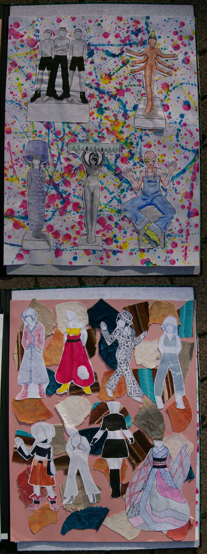Planches croquis : sculpture vivante et vêtements